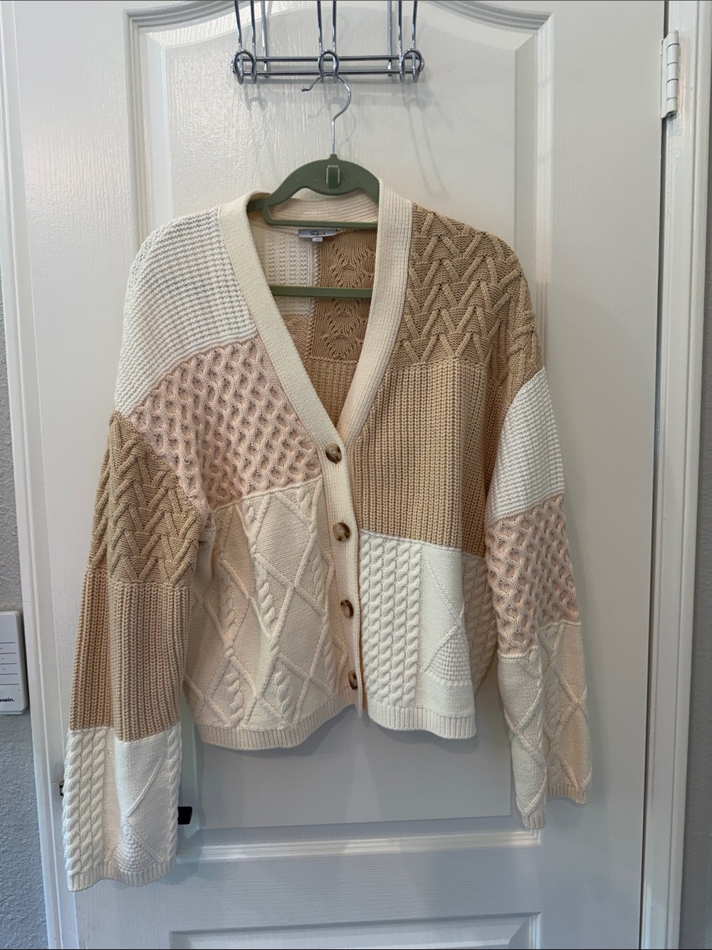 Rails Patchwork Cable-Knit Cardigan in Cream & Beige